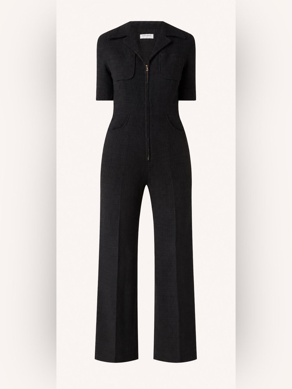 Sandro Paris Nora Black Tweed Zip Front Wide Leg Jumpsuit Sz 40/Sz 8Quiet Luxury